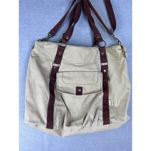 Mudd Canvas Tote Bag Tan Burgundy Crossbody Shoulder Bag Large Utility Satchel